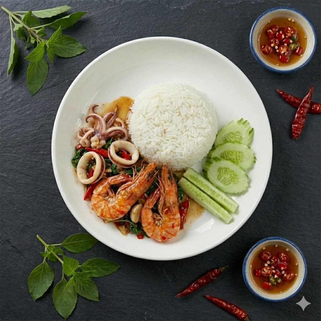 ข้าวกะเพรา ปลาหมีก/กุ้ง/ทะเล