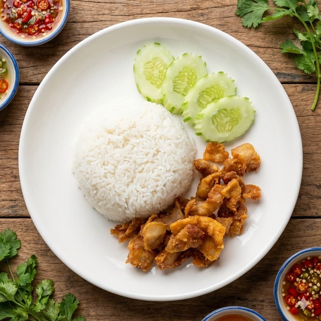 ข้าวหมูสามชั้นทอดน้ำปลา